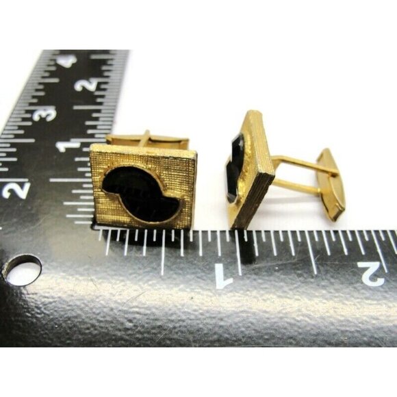 Cufflinks Gold Tone Black Stones  Tux Shirt Dress Suit Vintage - Picture 7 of 9